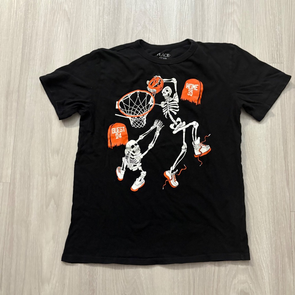 The Childrens Place Boy Shirt Halloween Skeleton Basketball Pumpkin L 10/12